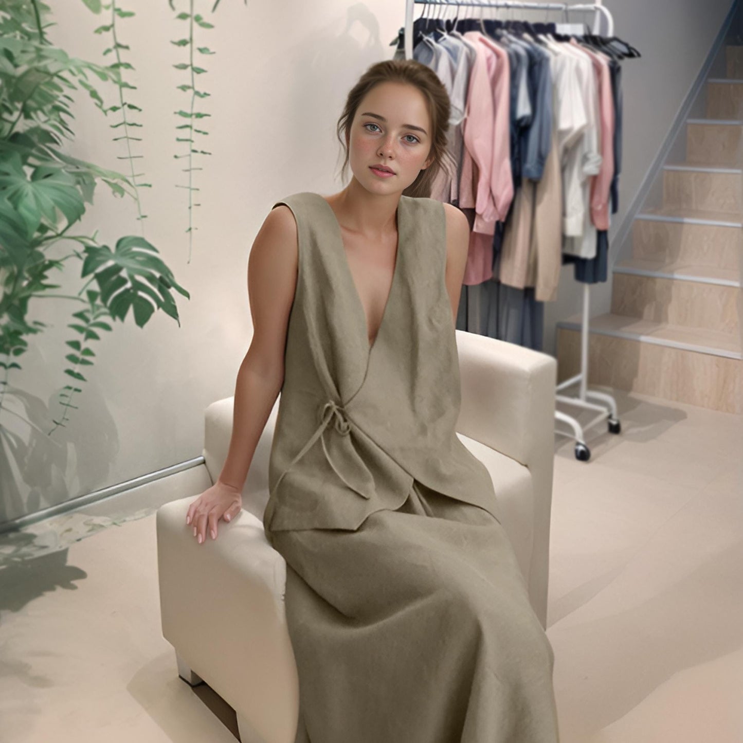 Linen Wrap Top – Women’s Sleeveless Wrap Blouse | Minimalist Boho Summer Tank | SKU.25T10T2E