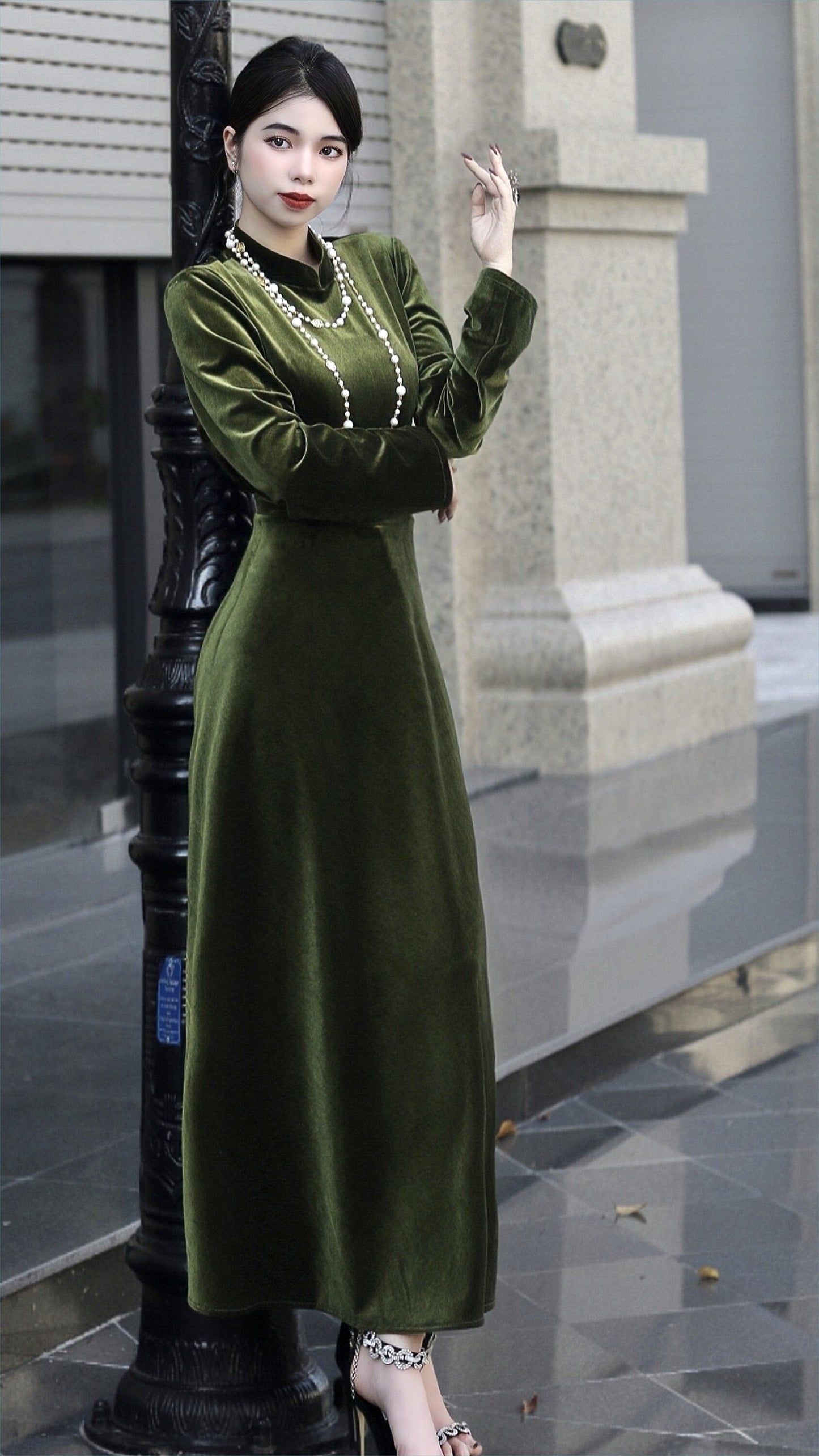 Chic Velvet Midi Dress with Long Sleeves and Turtleneck - Self-Tie Belt | Fashion for Spring and Fall | Custom Handmade Design