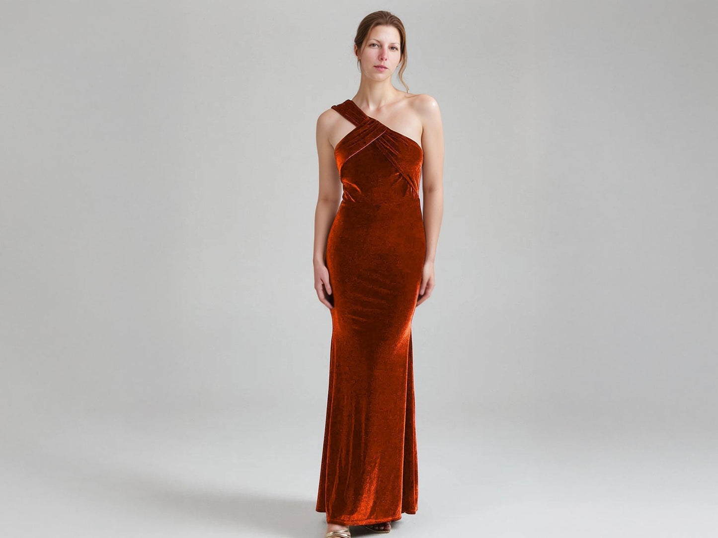 Rust Velvet One-Shoulder Maxi Dress – Elegant Bridesmaid Gown with Twist Detail | SKU.25T17T6G
