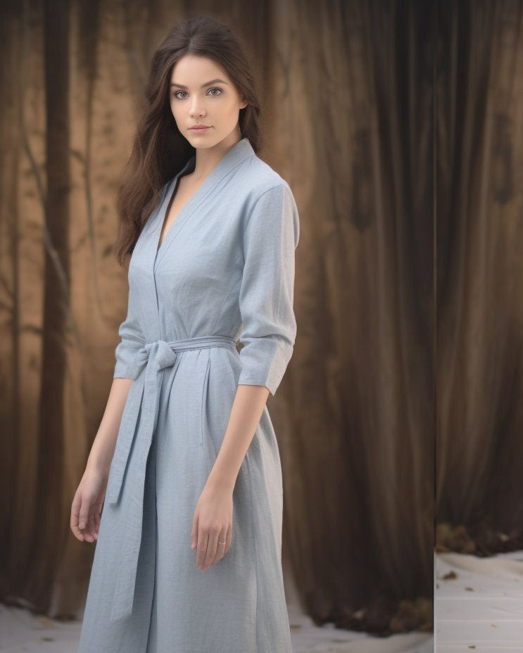 Stylish Women's Linen Wrap Dress | 3/4 Sleeves, True Wrap Closure | Side Seam Pockets | Below Knee Length | Customizable | 230919A