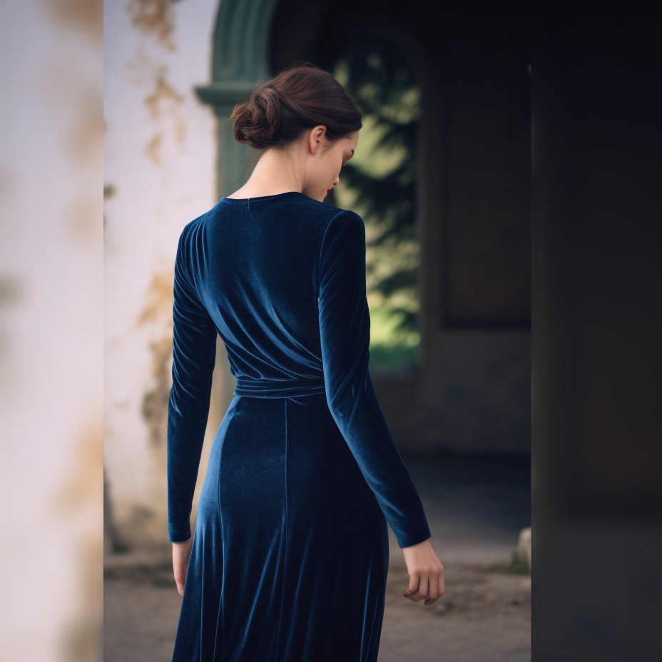 Velvet Midi Bridesmaid Dress with Wrap Neck and Self-Tie Belt | Long Sleeves | Elegant Spring Fall Dress - Customizable Style and Size