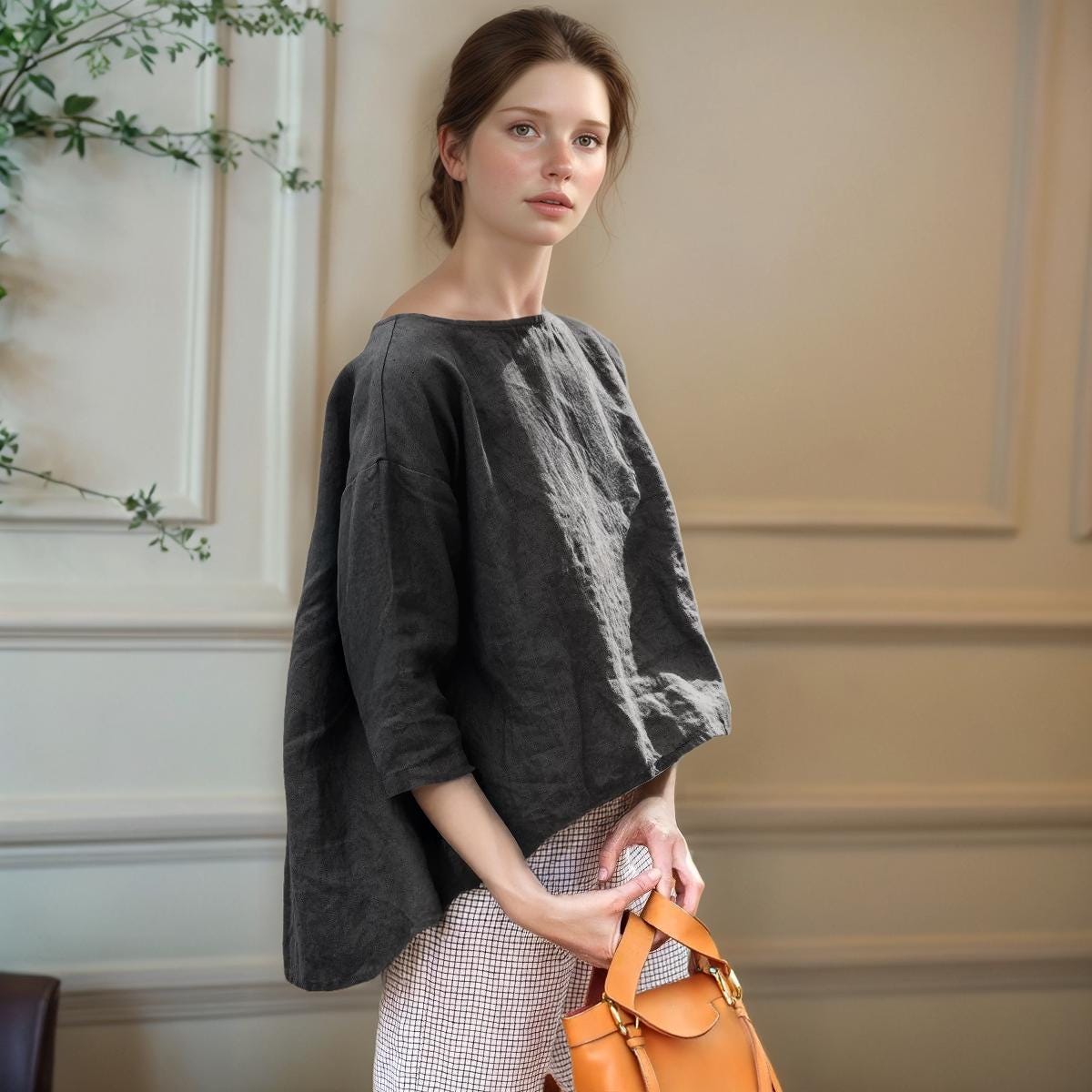 Linen Trapeze Top, Loose Fit Boxy Shirt, Cropped Front, Minimalist Linen Top, Casual Women's Shirt | SKU.25T22T3D