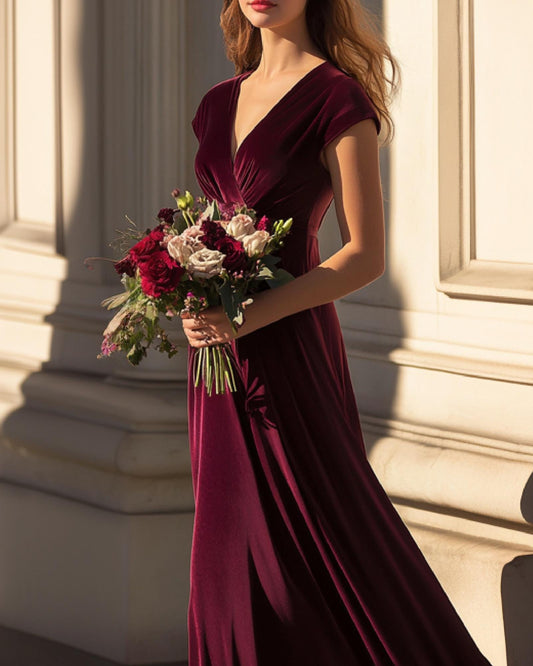 Velvet Bridesmaid Dress | Elegant Red Maxi Gown, Formal with Slit