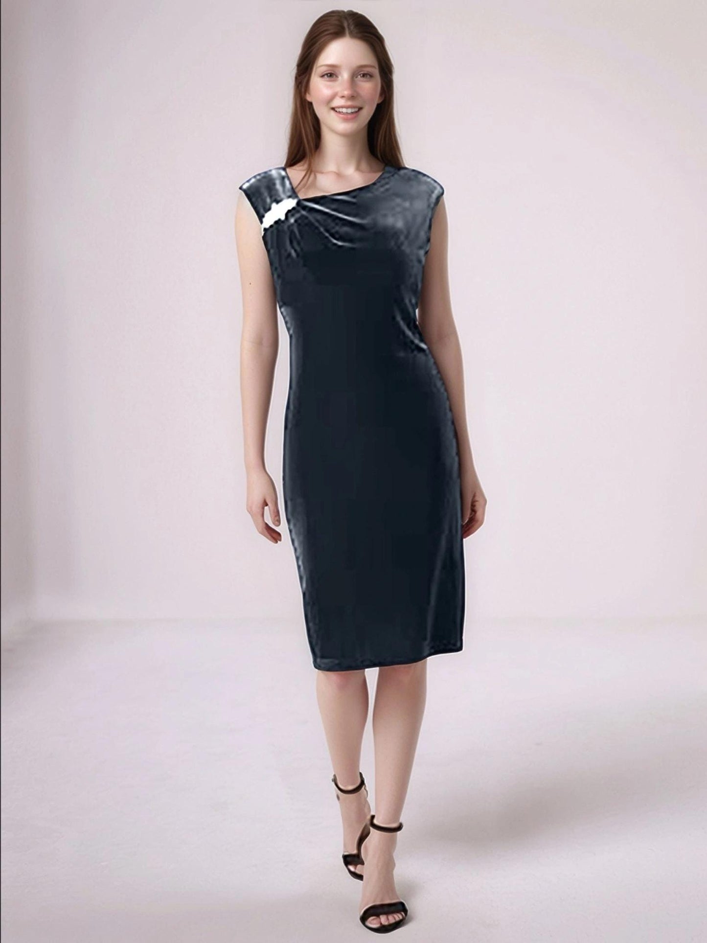 Navy Velvet Shift Dress with Brooch – Elegant Asymmetric Neckline Cocktail Dress | SKU.25T17T6C