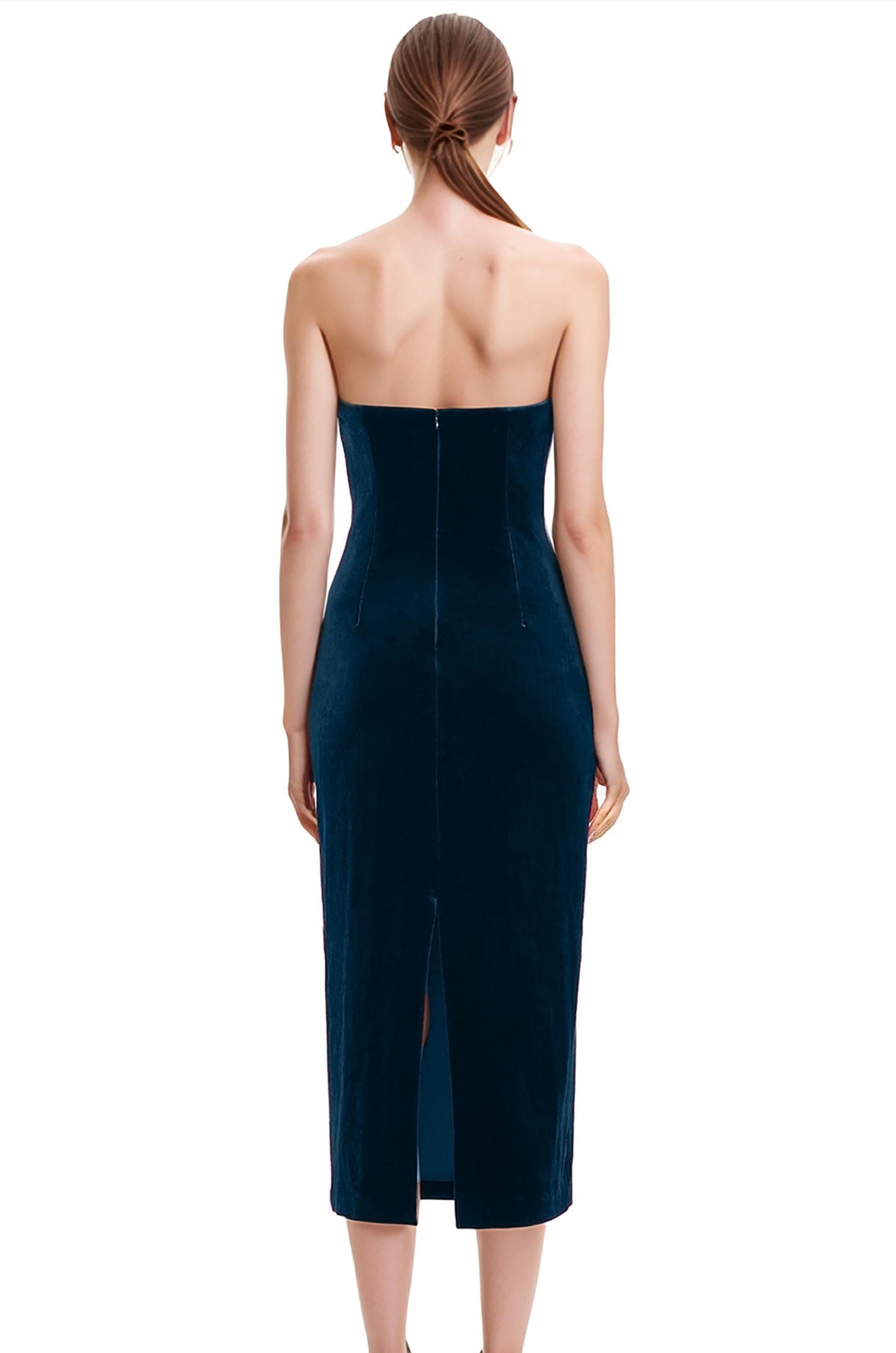 Teal Velvet Strapless Midi Dress – Elegant Sweetheart Neckline Bodycon Party Dress | SKU.24T17T5B