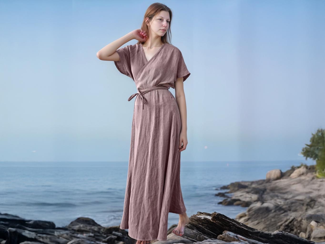 Custom Linen Wrap Maxi Dress - Elegant Long Sleeve V-Neck Dress, Flowy Fit, Made to Order | SKU.25T14T3G