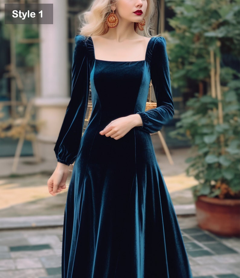 Chic Midi Velvet Dress with Puff Sleeves and Square Neckline - Closed Back - Bridesmaid or Evening Dress | Customizable | Personalizable