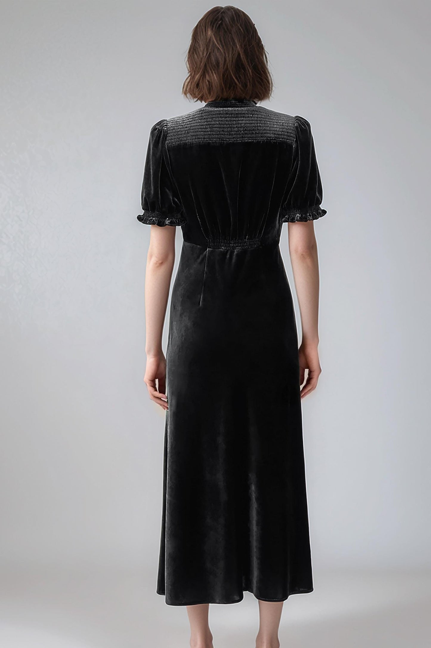 Black Velvet Midi Dress – Bias Cut Vintage-Inspired Dress with Puff Sleeves and Tie Neck | SKU.24T17T5F