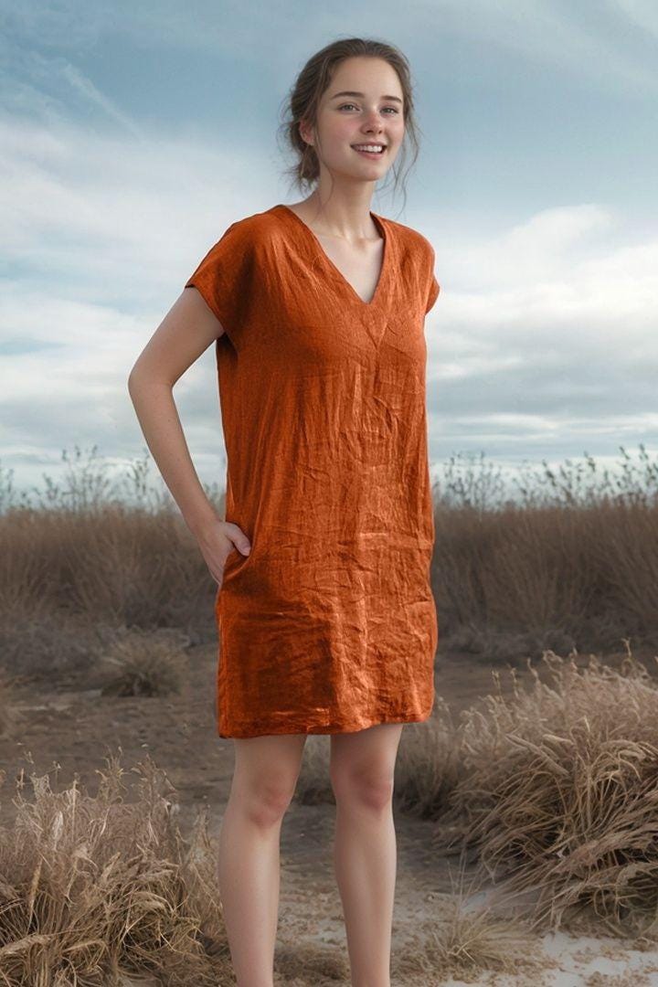 Custom V-Neck Linen Blend Shift Dress - Relaxed Summer Style with Pockets and Side Slit | SKU.25T14T3N