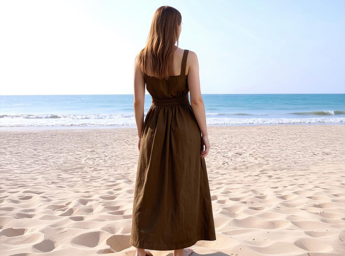 Brown Linen Midi Dress with Pockets - Square Neck Summer Dress, Sleeveless Casual Beach Dress, Elastic Waist Sundress | SKU.25T15T5E