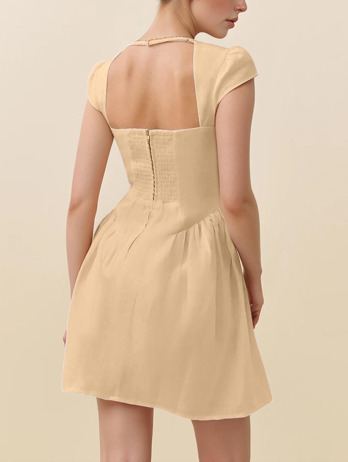 Square Neck Elastic Linen Mini Dress with Cap Sleeves, Fit and Flare Silhouette, Custom Size | SKU.25T15T4C