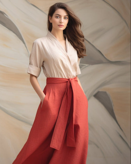 Women's Linen Wrap Dress | 3/4 Sleeves, True Wrap Closure | Pockets | Ankle-Length Skirt | Japanese-Inspired Traditional Dress | 230919B