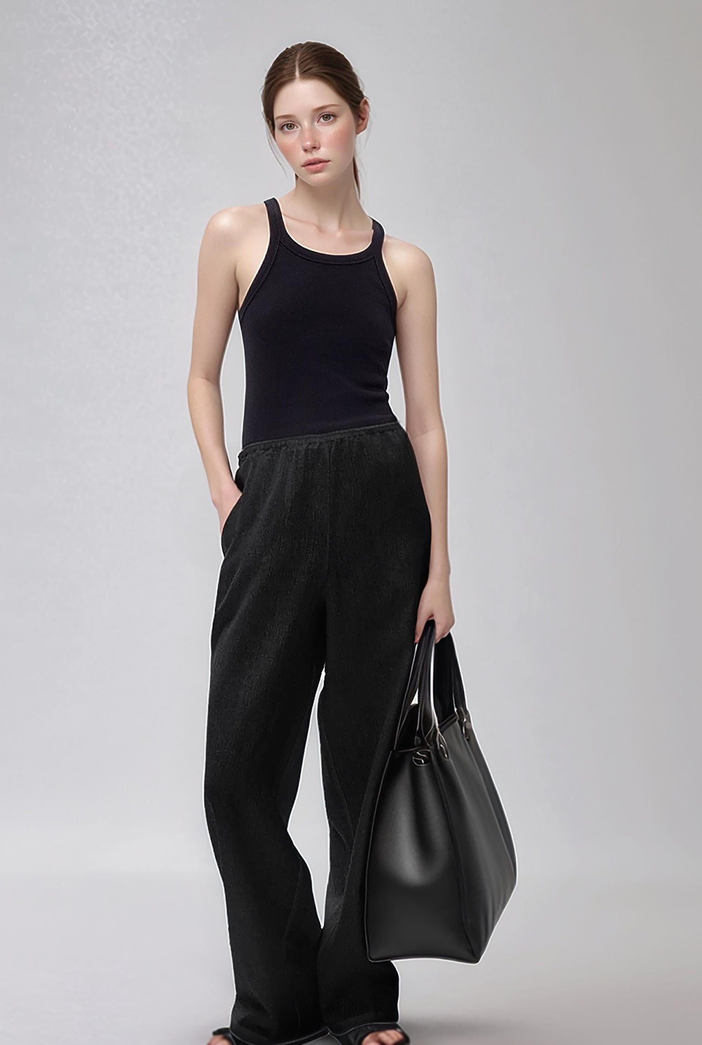 Black Wide-Leg Linen Pants – High-Waisted, Loose Fit, Casual Lounge Trousers for Women | SKU.25T11T6A
