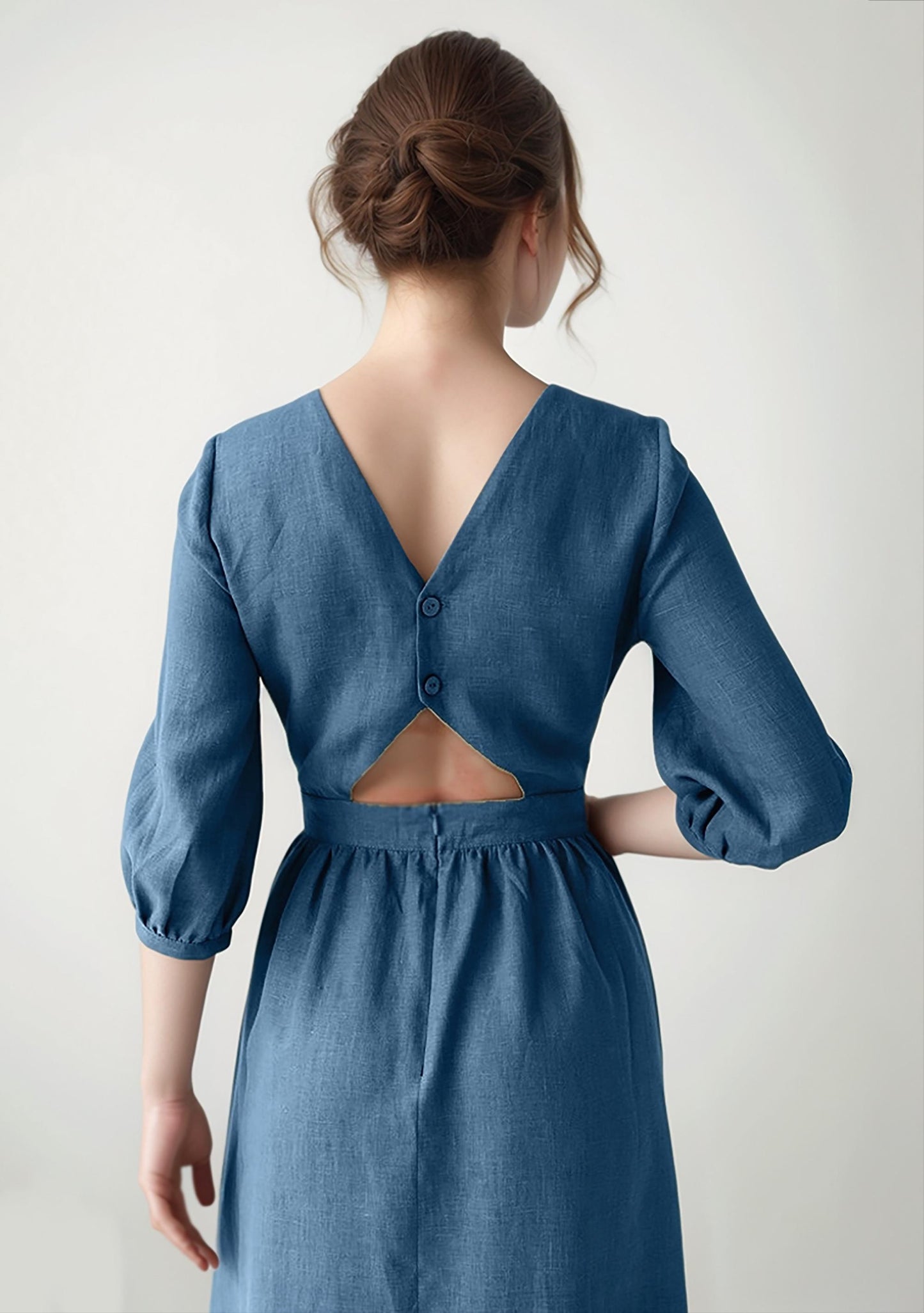 Elegant Blue Linen Midi Dress for Women – V-Neck Puff 3/4 Sleeve A-Line Dress | SKU.25T11T4C