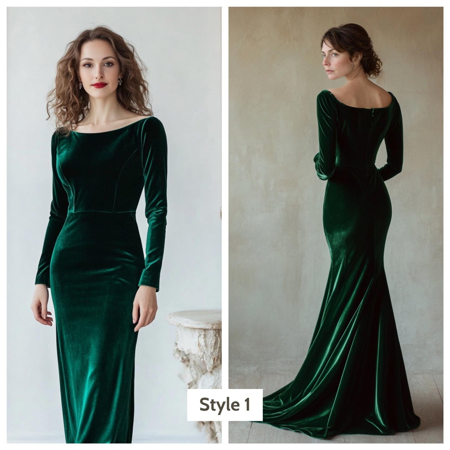 Custom Green Velvet Evening Gown, Personalized Boat Neck Dress, Tailored Long Sleeve Formal Gown | 241028B