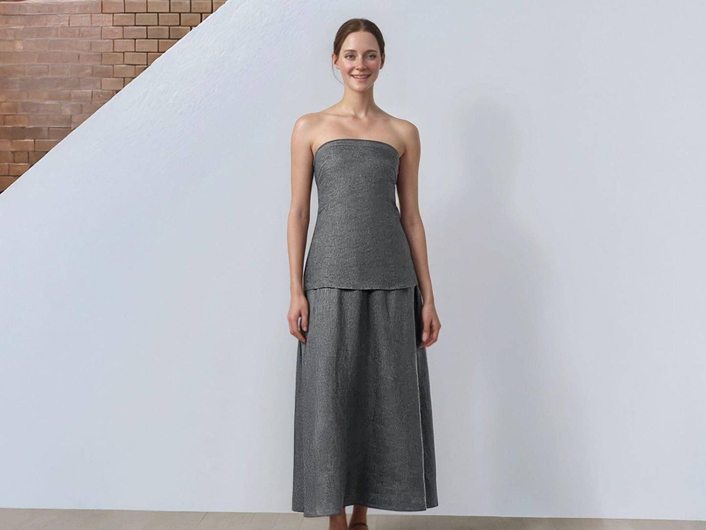Custom Grey Strapless Maxi Dress, Sleeveless Summer Linen Look Dress for Women, Minimalist Formal | SKU.25T14T5C