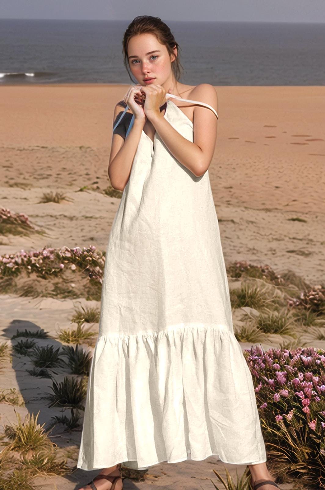 Linen Sundress - Sleeveless V-Neck Beach Dress, Flowy Ruffle Hem, Casual Summer Outfit | SKU.25T11T8D