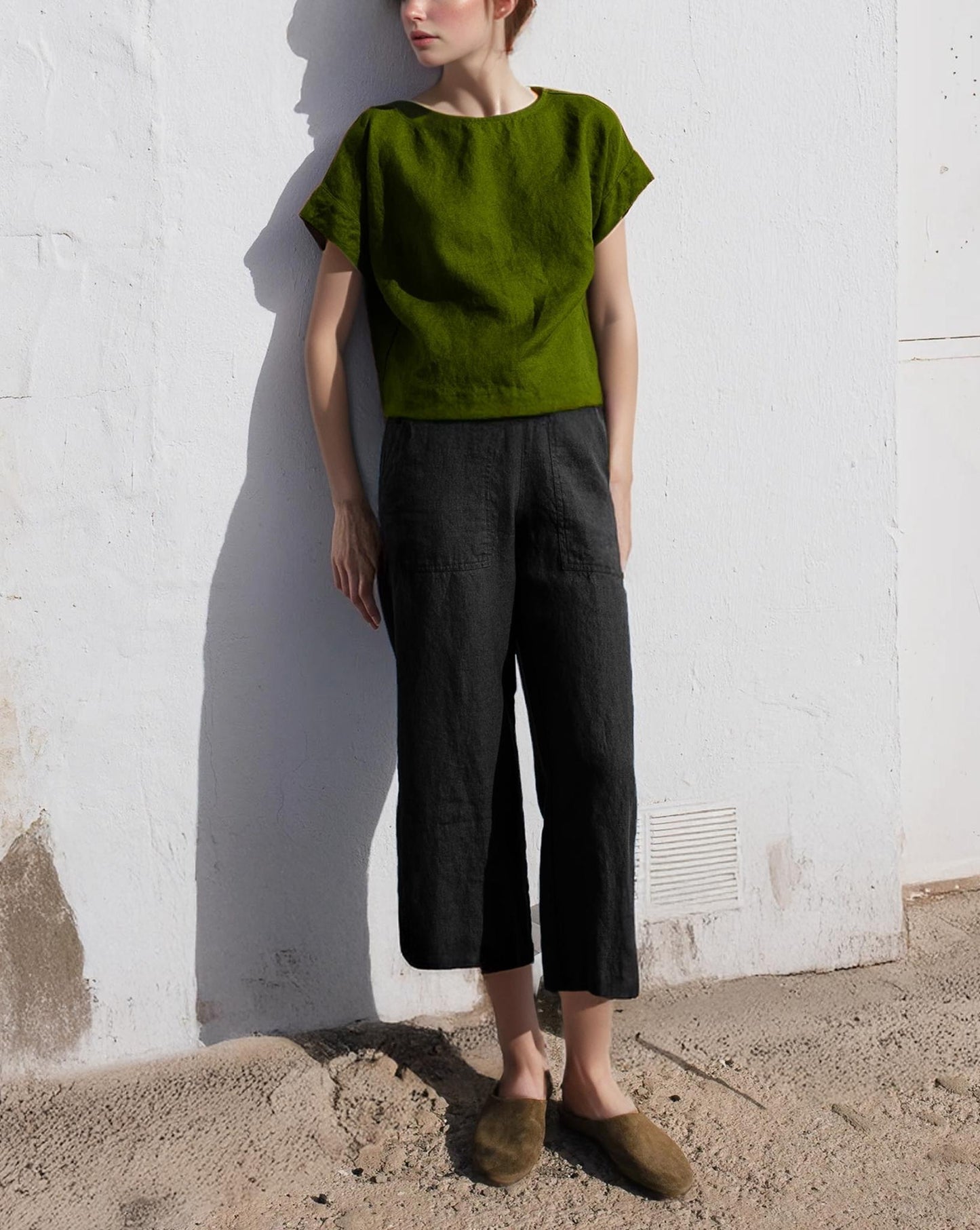 Women's Black Linen Wide-Leg Pants - High-Rise, Straight Cut, Elastic Waist, Patch Pockets, Belt Loops | SKU.25T22T2D