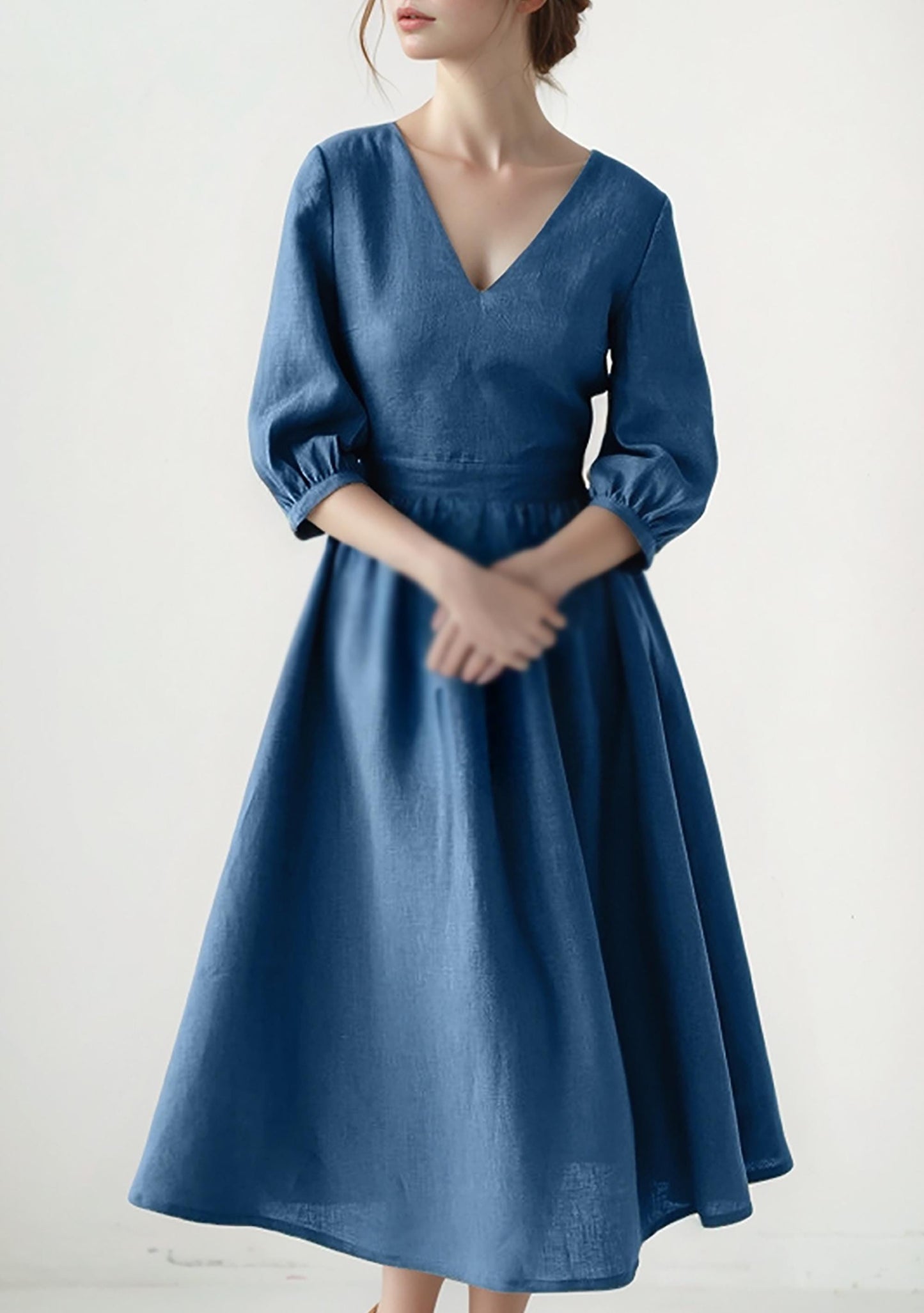 Elegant Blue Linen Midi Dress for Women – V-Neck Puff 3/4 Sleeve A-Line Dress | SKU.25T11T4C