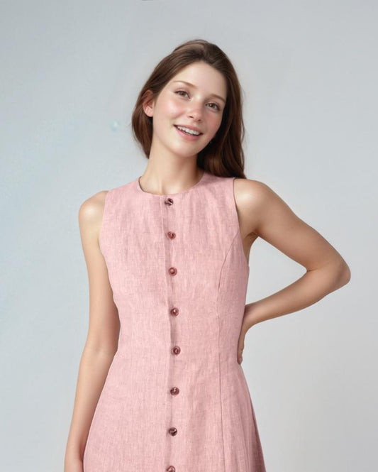 Sleeveless Pink Linen Midi Dress, Button Down Summer Dress, A-Line Casual Elegant Dress for Women | SKU.25T11T3H