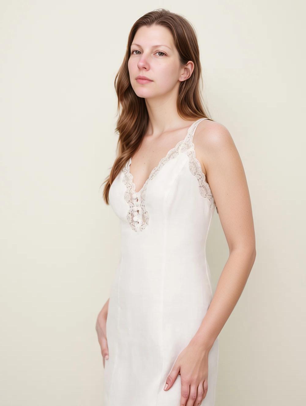White Mini Dress with Lace Trim, Elastic Linen Summer Sleeveless Dress, Custom Fit Short Dress for Women, Elegant Casual Look| SKU.25T15T4F