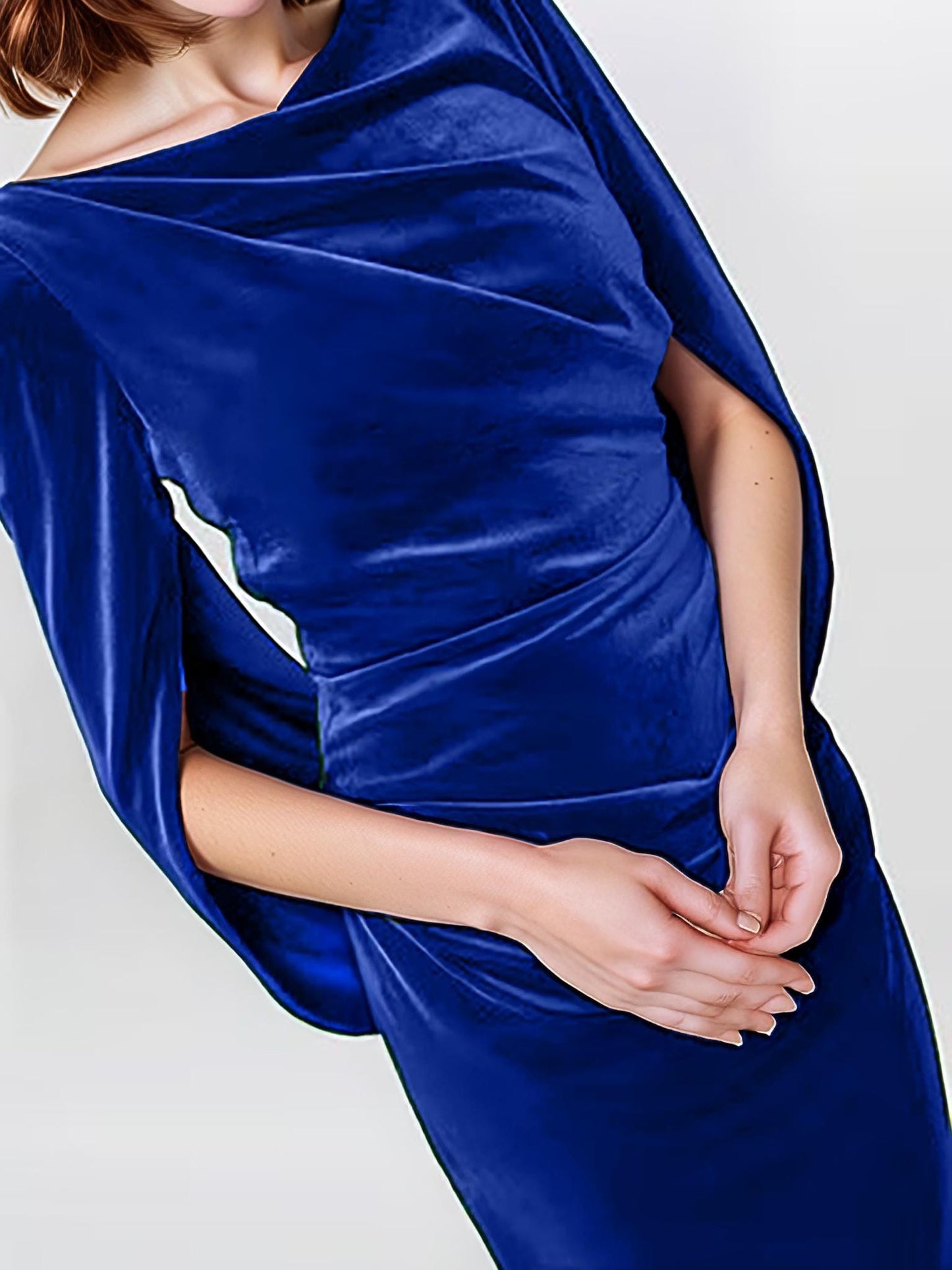 Royal Blue Velvet Cape Sleeve Dress – Elegant Draped Shift Dress for Evening or Holiday Parties | SKU.25T17T6Z