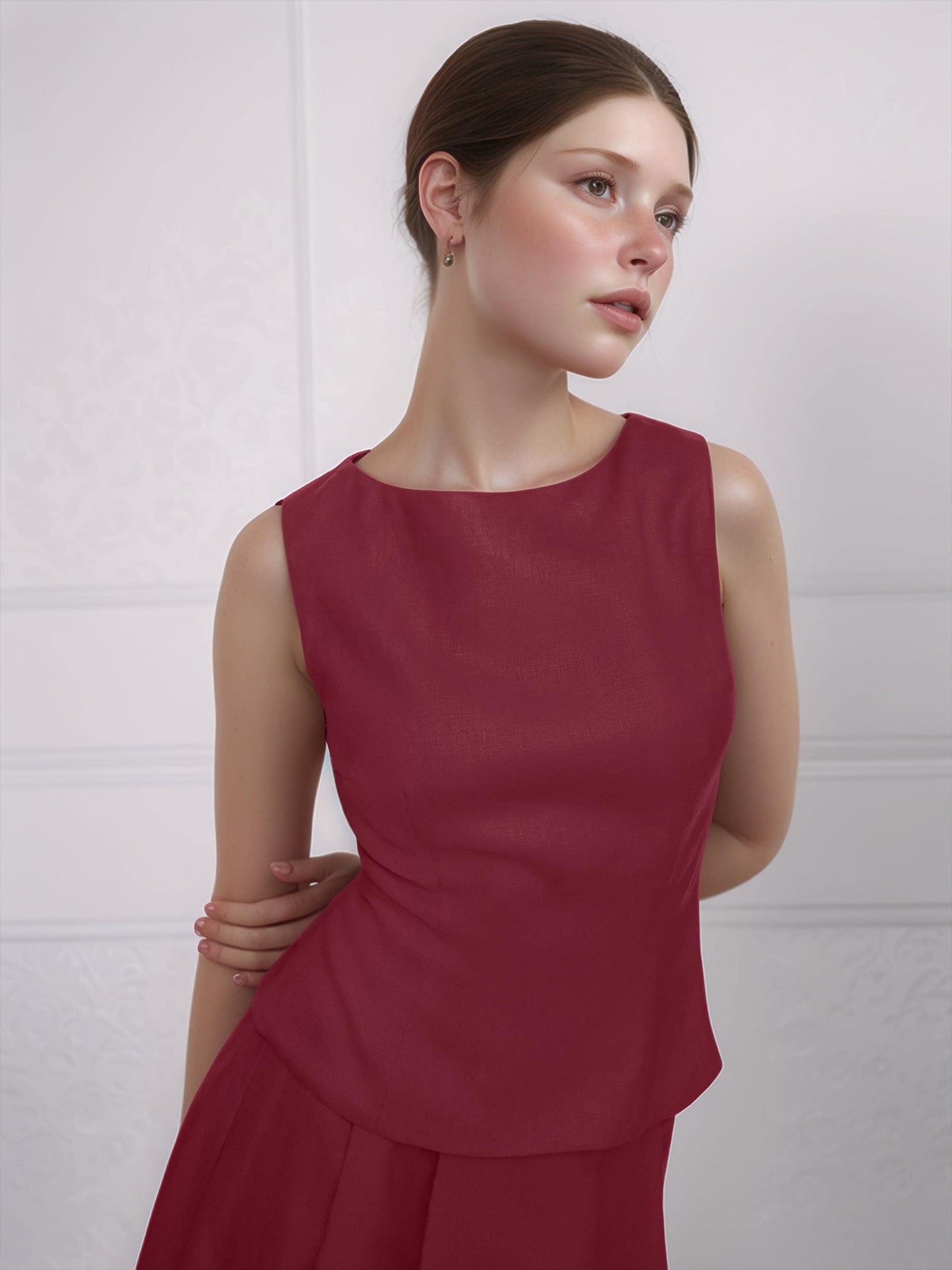 Elegant Elastic Linen 2-Piece Set — Sleeveless Peplum Top & High-Waist Midi Skirt, Custom Made, Minimalist Chic Outfit | SKU.25T15T4H