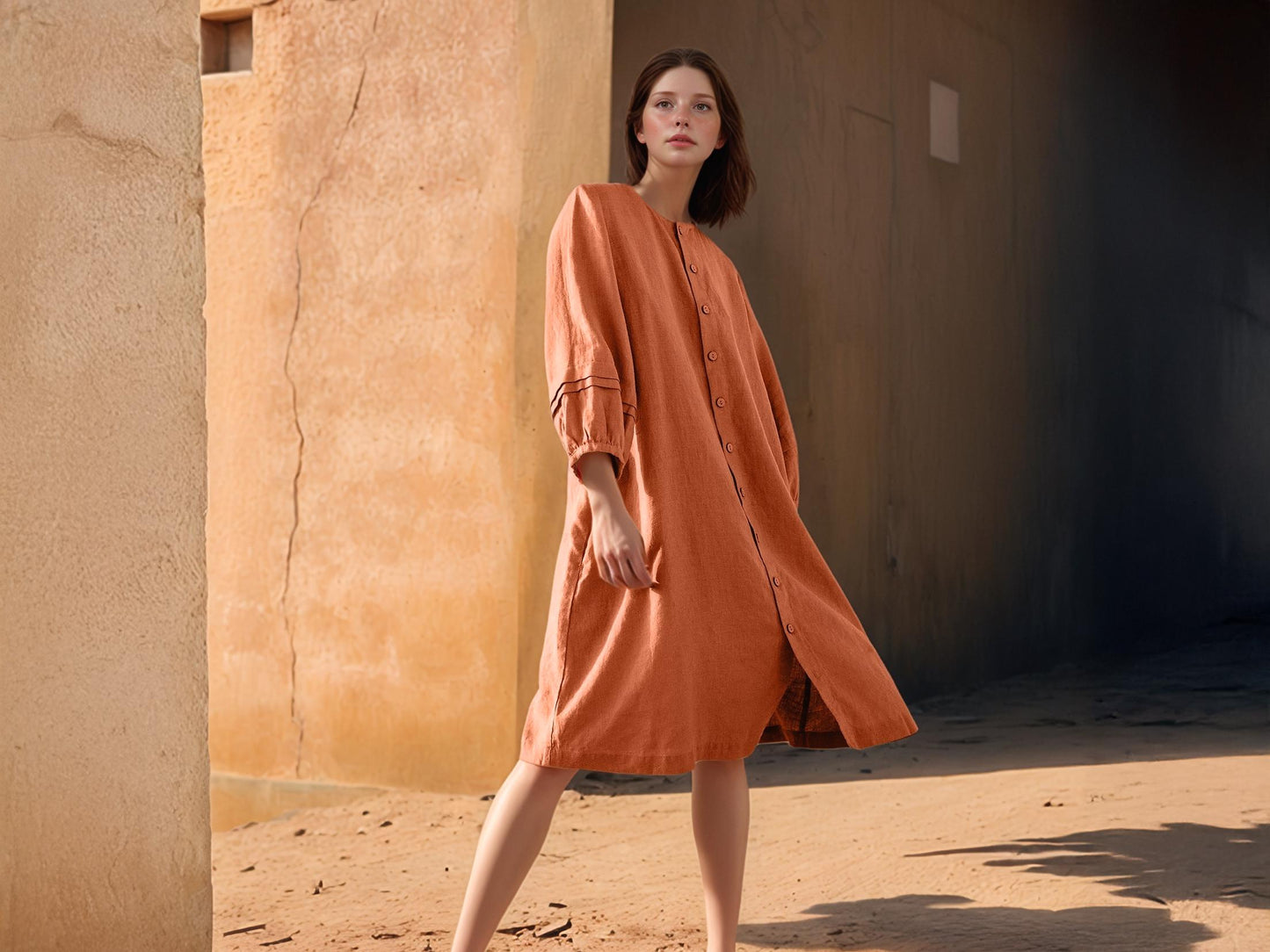 Loose Linen Shirt Dress, Oversized Button Dress, Casual Long Sleeve Dress, Minimalist Fall Dress, Women's Tunic Dress | SKU.25T14T6U