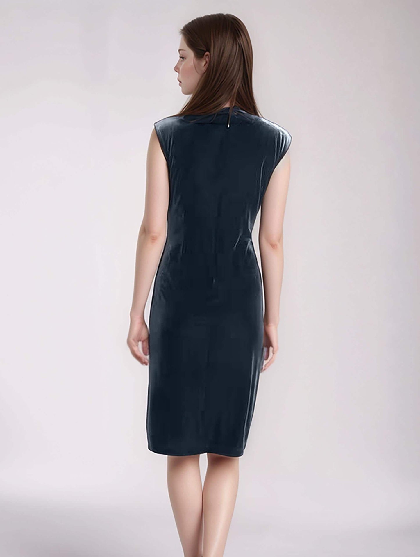 Navy Velvet Shift Dress with Brooch – Elegant Asymmetric Neckline Cocktail Dress | SKU.25T17T6C