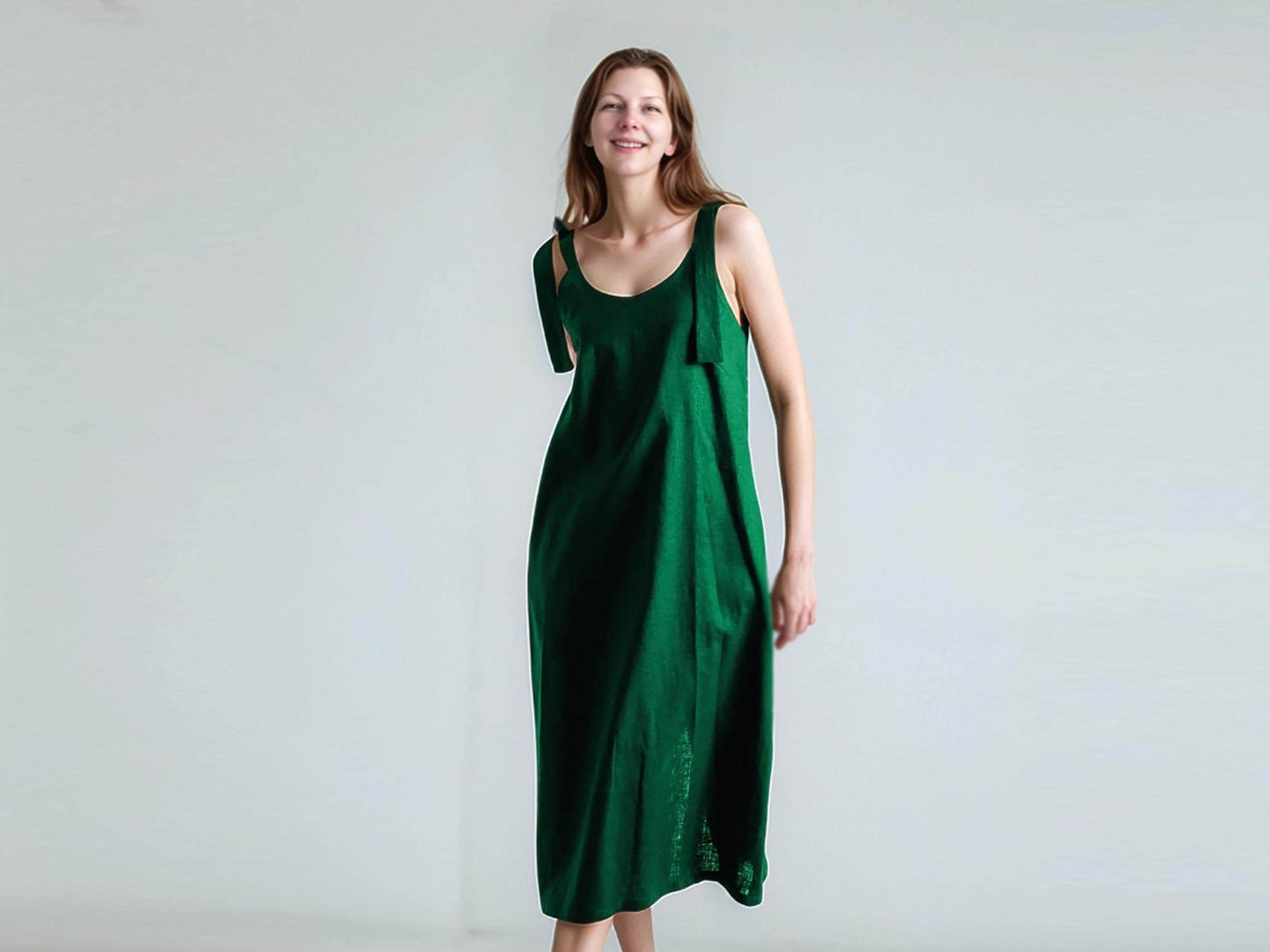 Emerald Green Linen Midi Dress | Sleeveless Bow Strap Dress for Women | Loose Fit Summer Sundress | SKU.25T11T3C