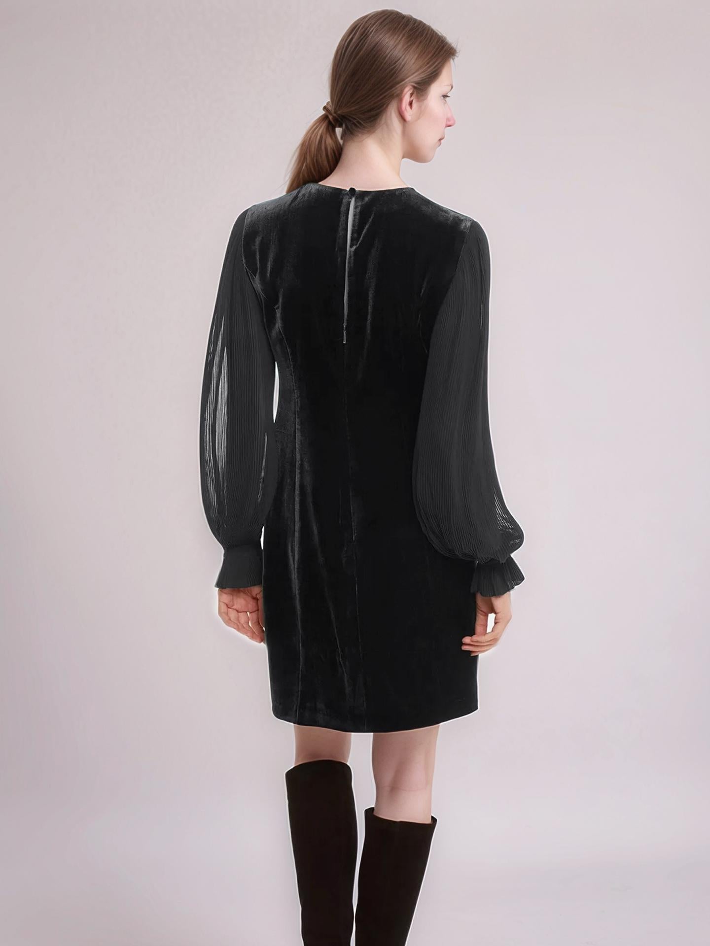 Black Velvet Mini Dress with Sheer Long Sleeves – Elegant Round Neck Party Dress for Women | SKU.25T17T6K