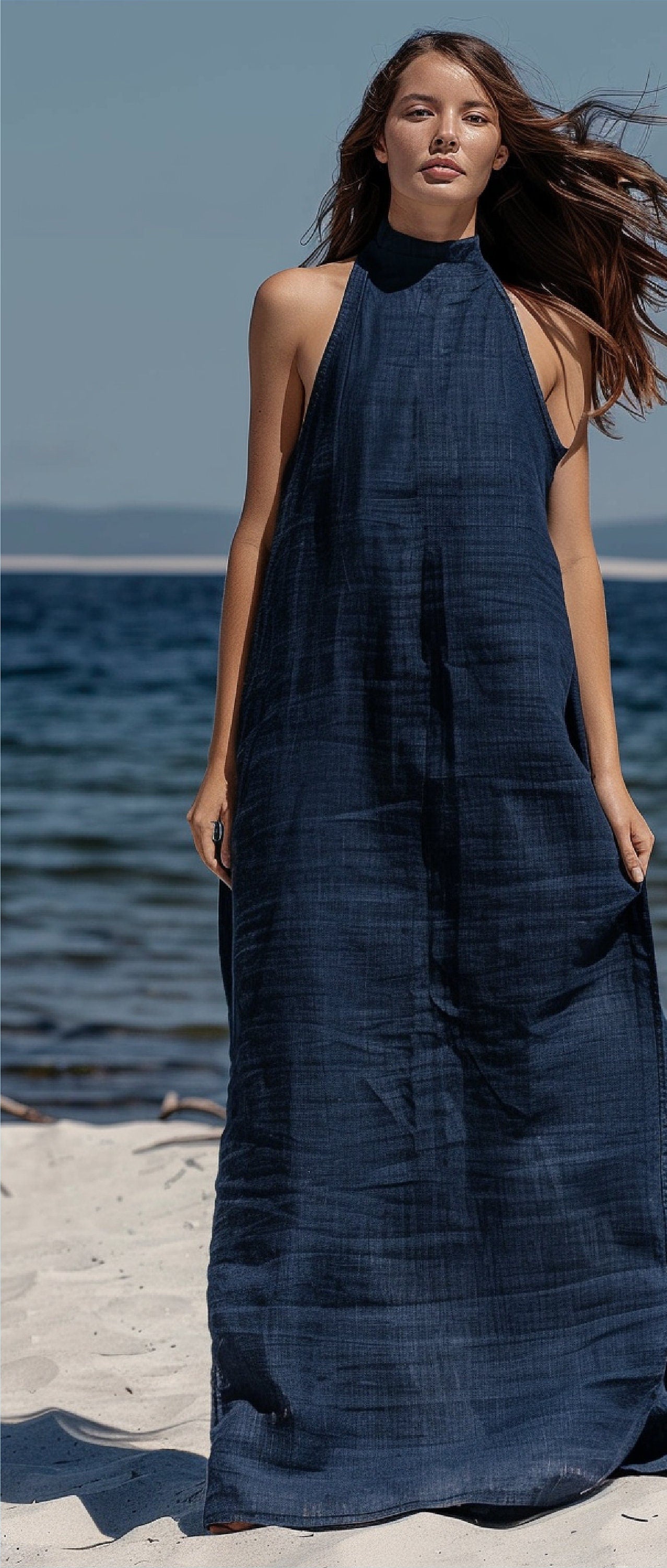Tailored Navy Blue Linen Maxi Dress for Women | Breathe in Elegance This Summer | Sleeveless Simplicity, Ideal for Personal Touches | SKU014