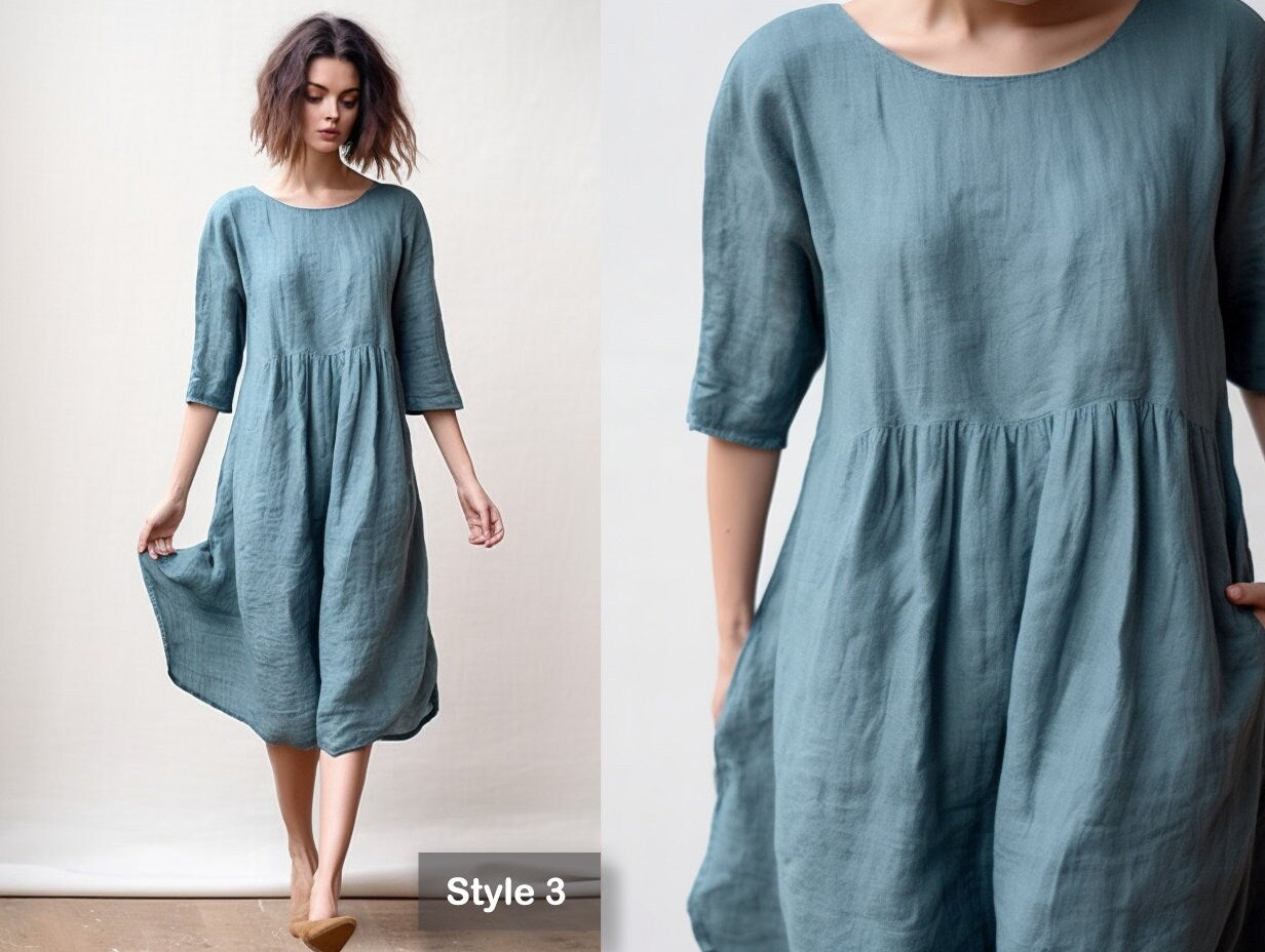 Women's Fashion for Casual Elegance | Linen Circle Dress with Pockets | Knee-Length Skater Dress | Customizable | Personalizable | 230807B