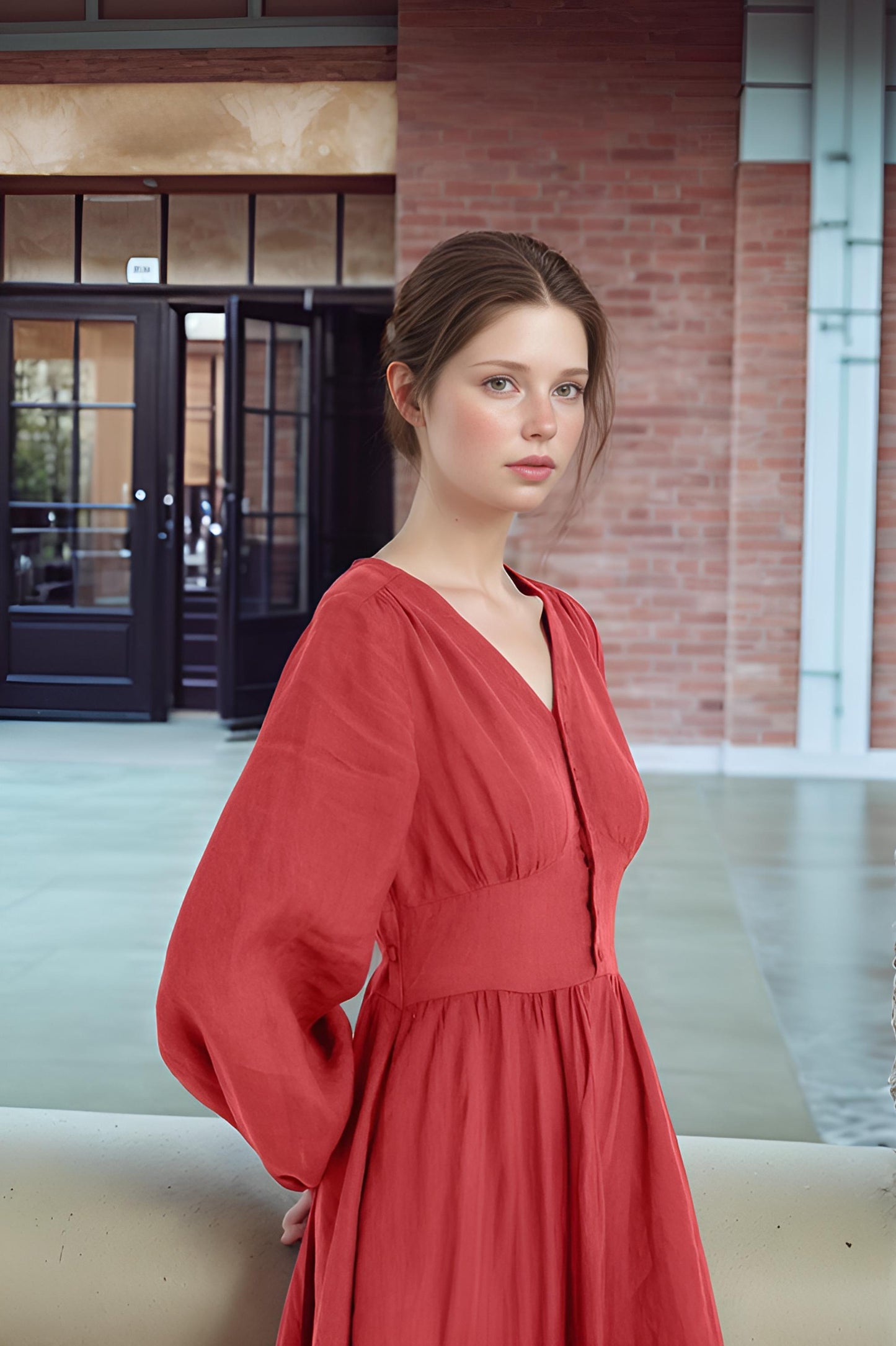 Rust Red Linen Midi Dress – V-Neck Vintage-Inspired Long Sleeve A-Line Dress | SKU.25T10T2C