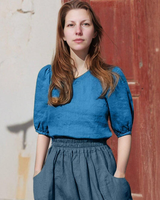 Linen Puff Sleeve Top, High Neck Blouse, Elegant A-line Fit, Button Back Detail, Summer Minimalist Shirt | SKU.25T22T3E