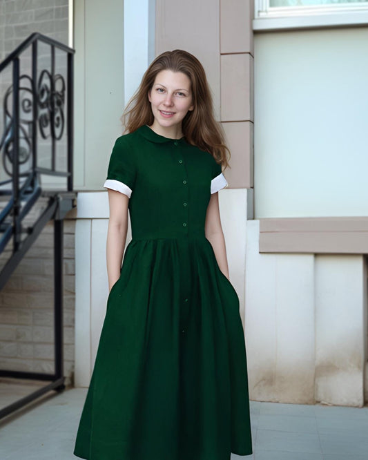 Vintage-Inspired Green Linen Dress – Peter Pan Collar, Short Sleeve Midi Dress with Pockets | SKU.25T10T2B