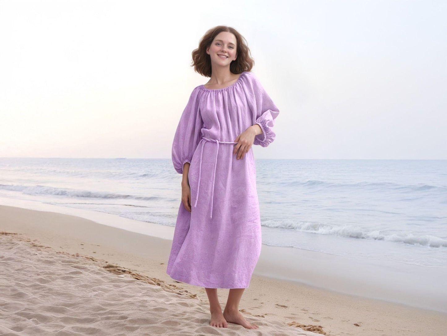 Lilac Off-Shoulder Linen Dress with Belt, Long Sleeve Boho Maxi Dress, Summer Beach Casual Dress, Women's Flowy Dress | SKU.25T15T3F