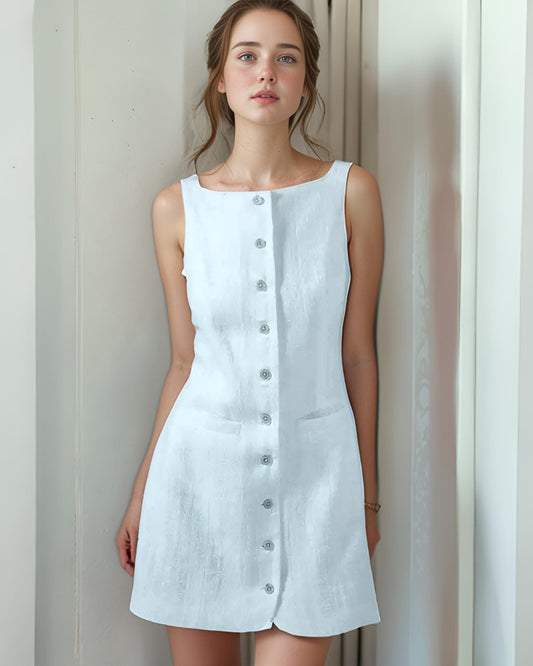 Sleeveless Linen Button-Down Mini Dress – Summer Casual A-Line Dress| SKU.25T11T7C