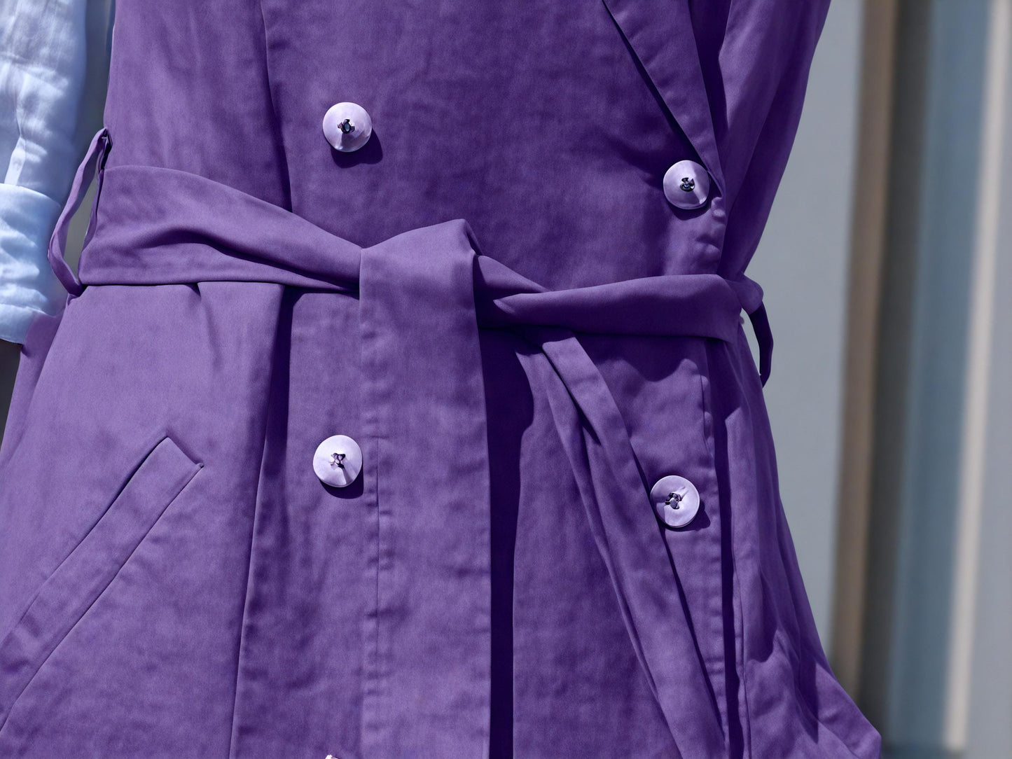 Sleeveless Purple Linen Vest Dress – Double Breasted Belted Midi Dress with Pockets for Women | SKU.25T09T6F