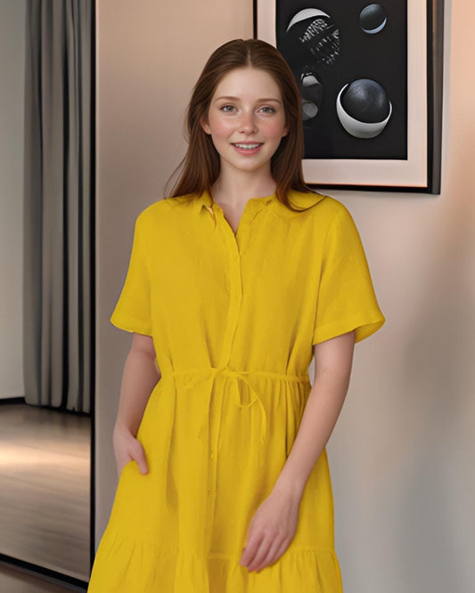 Yellow Linen Midi Dress – Short Sleeve Summer Dress with Waist Tie, Casual Loose Fit Tunic | SKU.25T09T7E