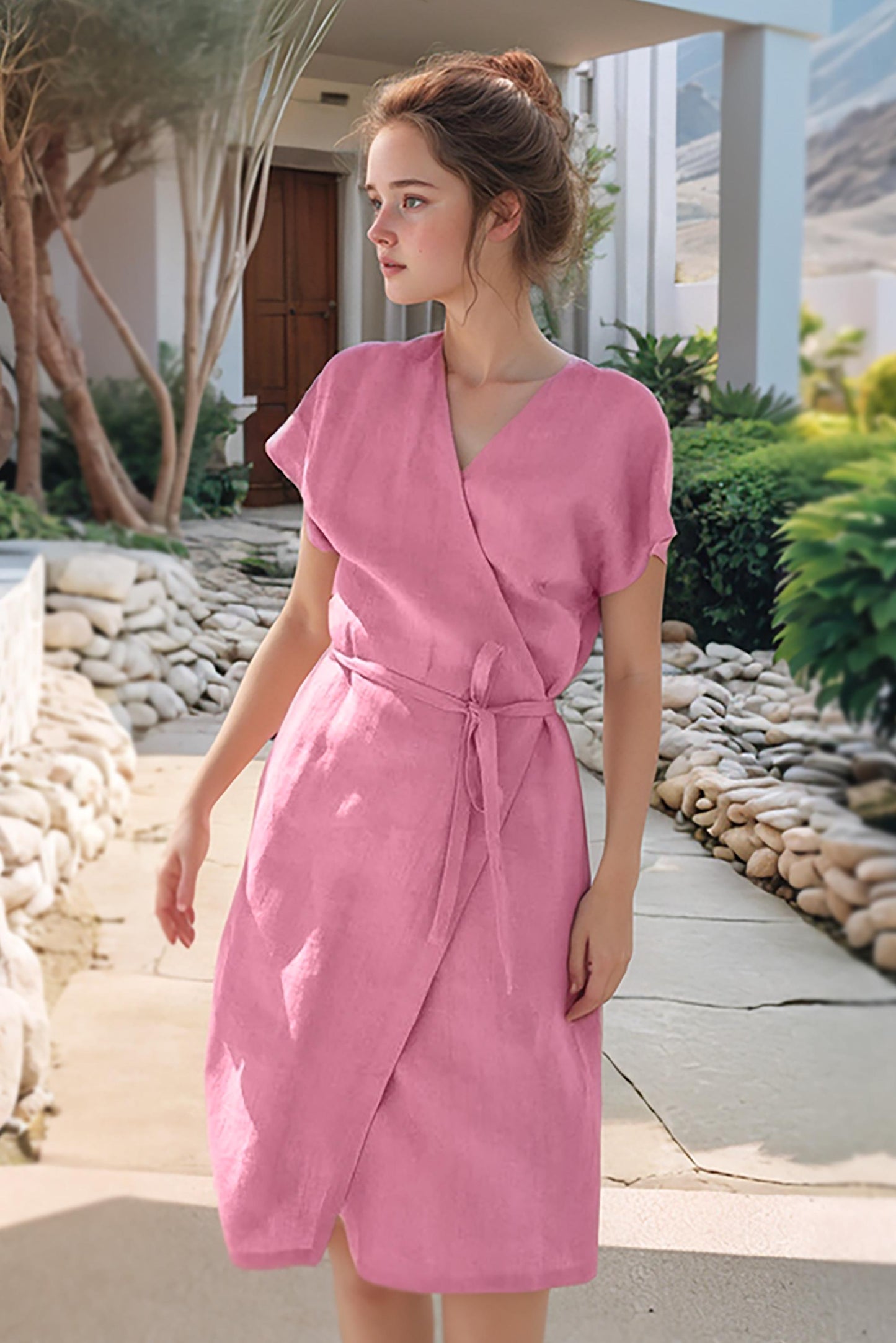 Linen Wrap Dress - Short Sleeve, Adjustable Tie Waist, Summer Casual Dress, Lightweight Soft Fabric, Custom Fit Available| SKU.25T15T3L