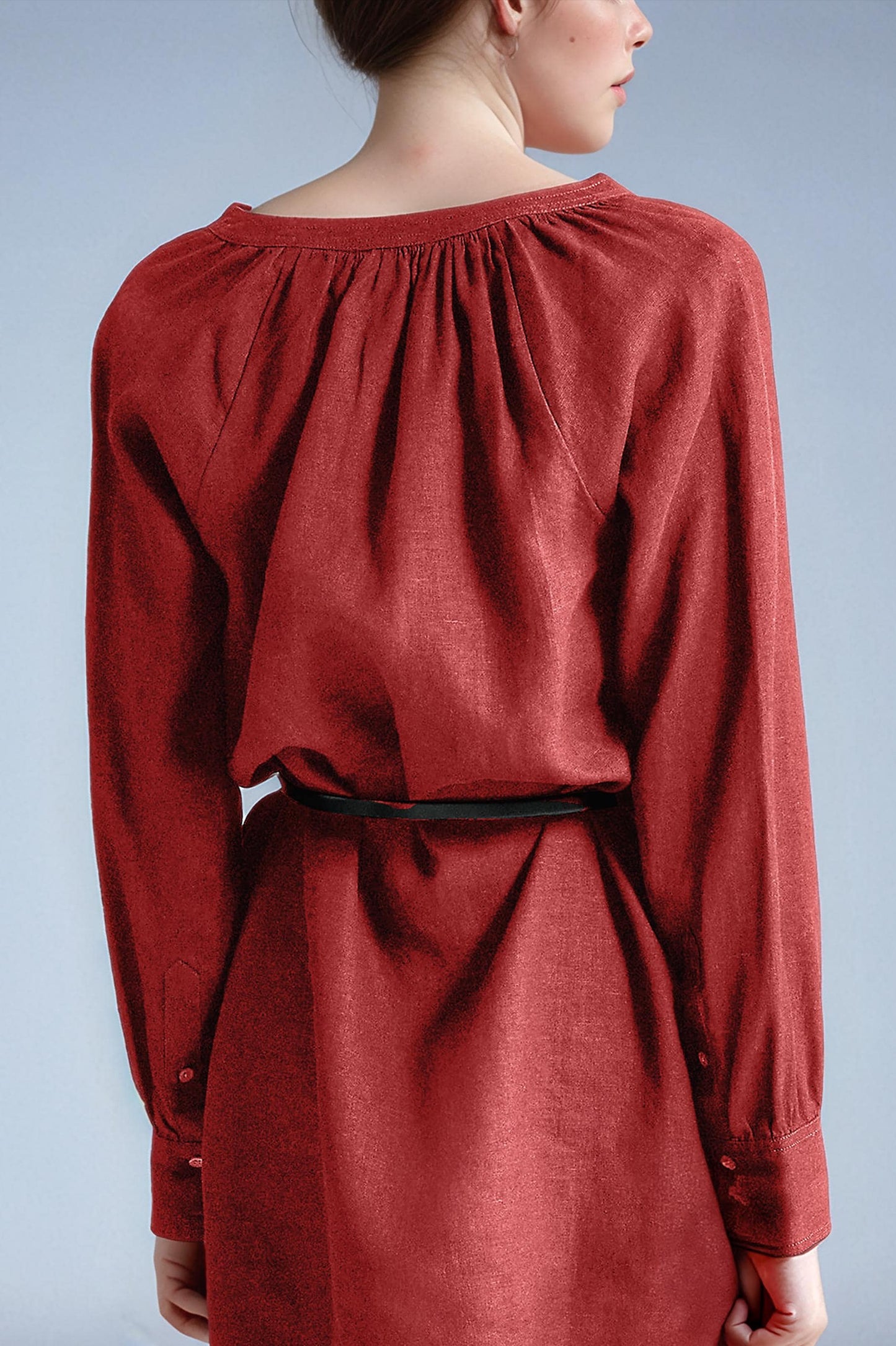 Rust Linen Long Sleeve Mini Dress - Boho V-Neck Tunic Dress with Belt, Casual Fall Dress | SKU.25T11T2C