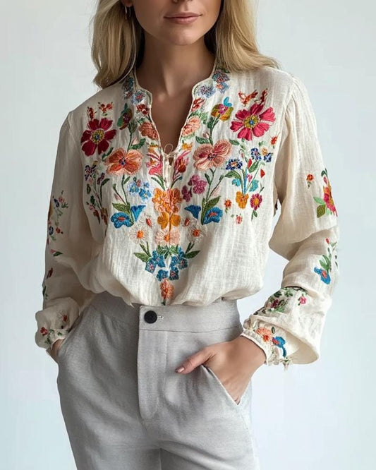 European Style Linen Blouse, Ethnic Boho Floral Top, Beige Floral Embroidered Blouse | 241026A