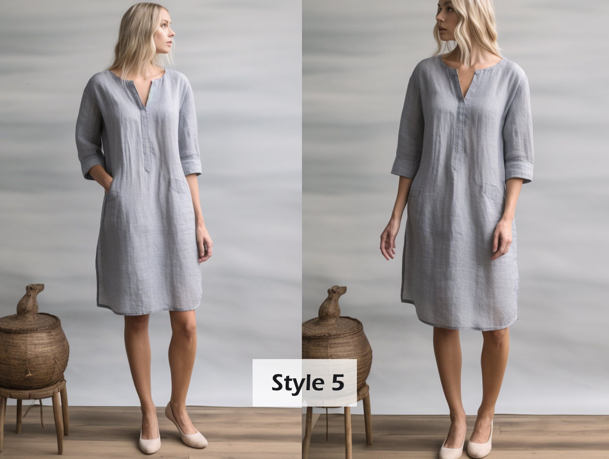 Versatile Linen Dress with Pockets | Split Neck and 3/4 Sleeves | Stylish Linen Shift Dress