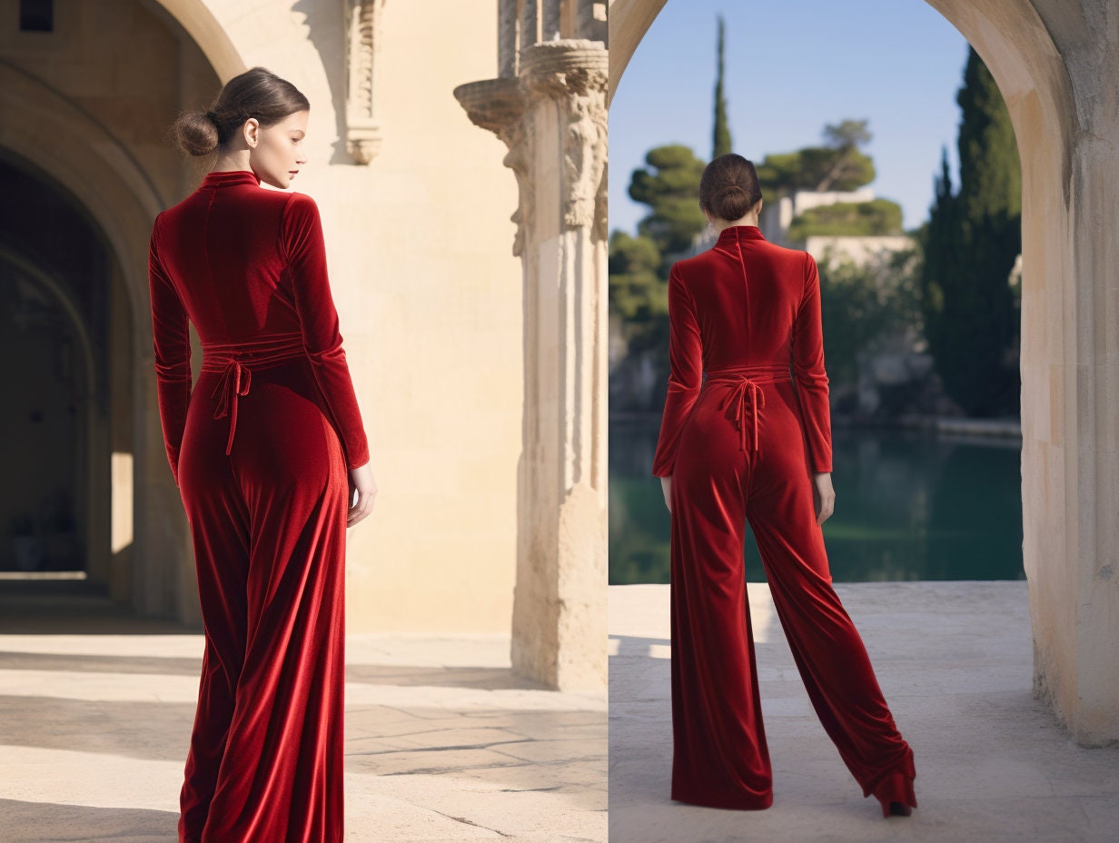 Stylish Velvet Wide Leg Jumpsuit | Long Sleeves, Wrap Neck, Closed Back | Elegant Velvet Mandarin Collar Dress | Includes Self-Tie Belt