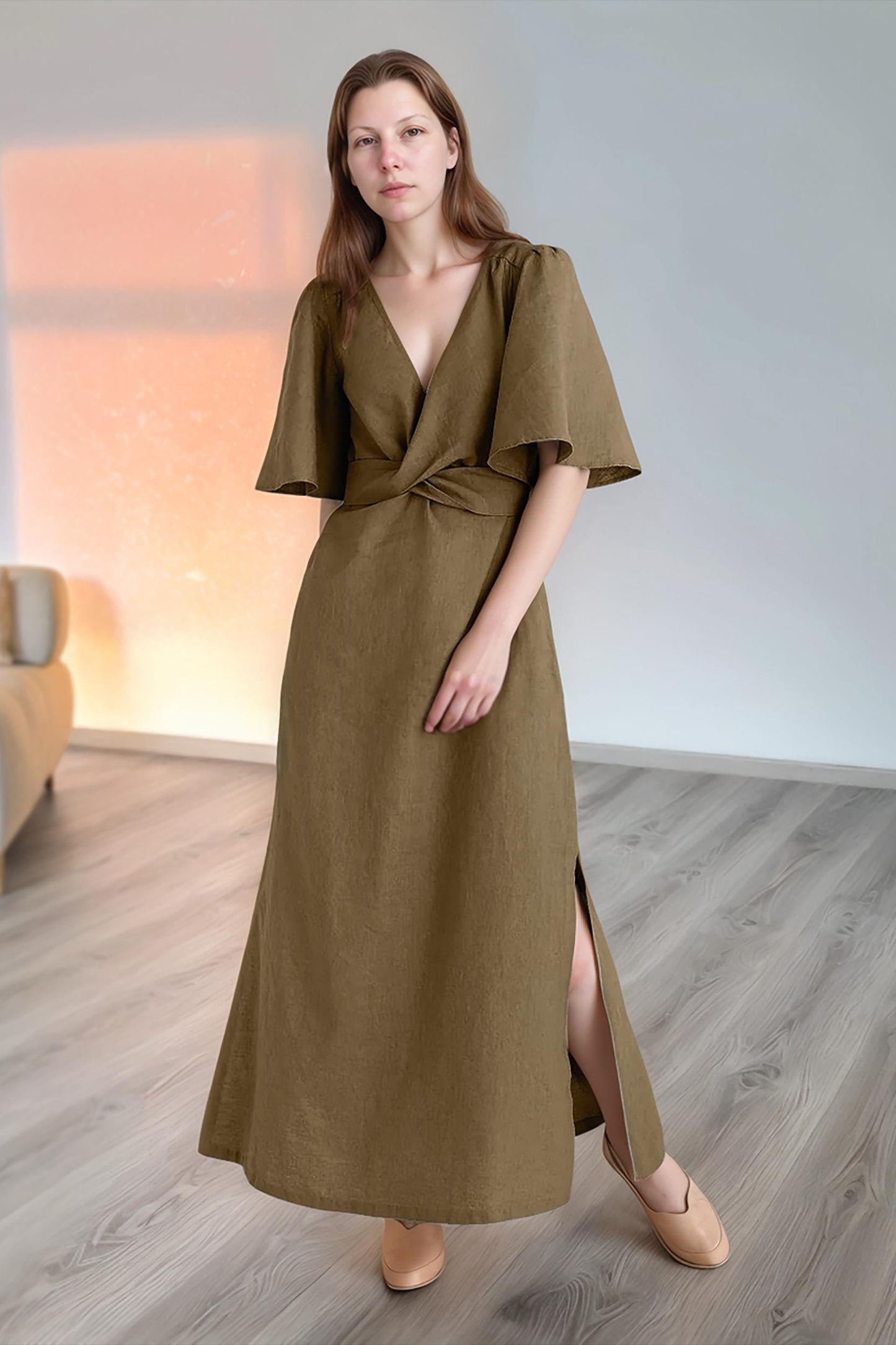 Olive Linen Wrap Maxi Dress, Flutter Sleeve Summer Dress, Handmade Boho Casual Long Dress with Belt | SKU.25T14T7B