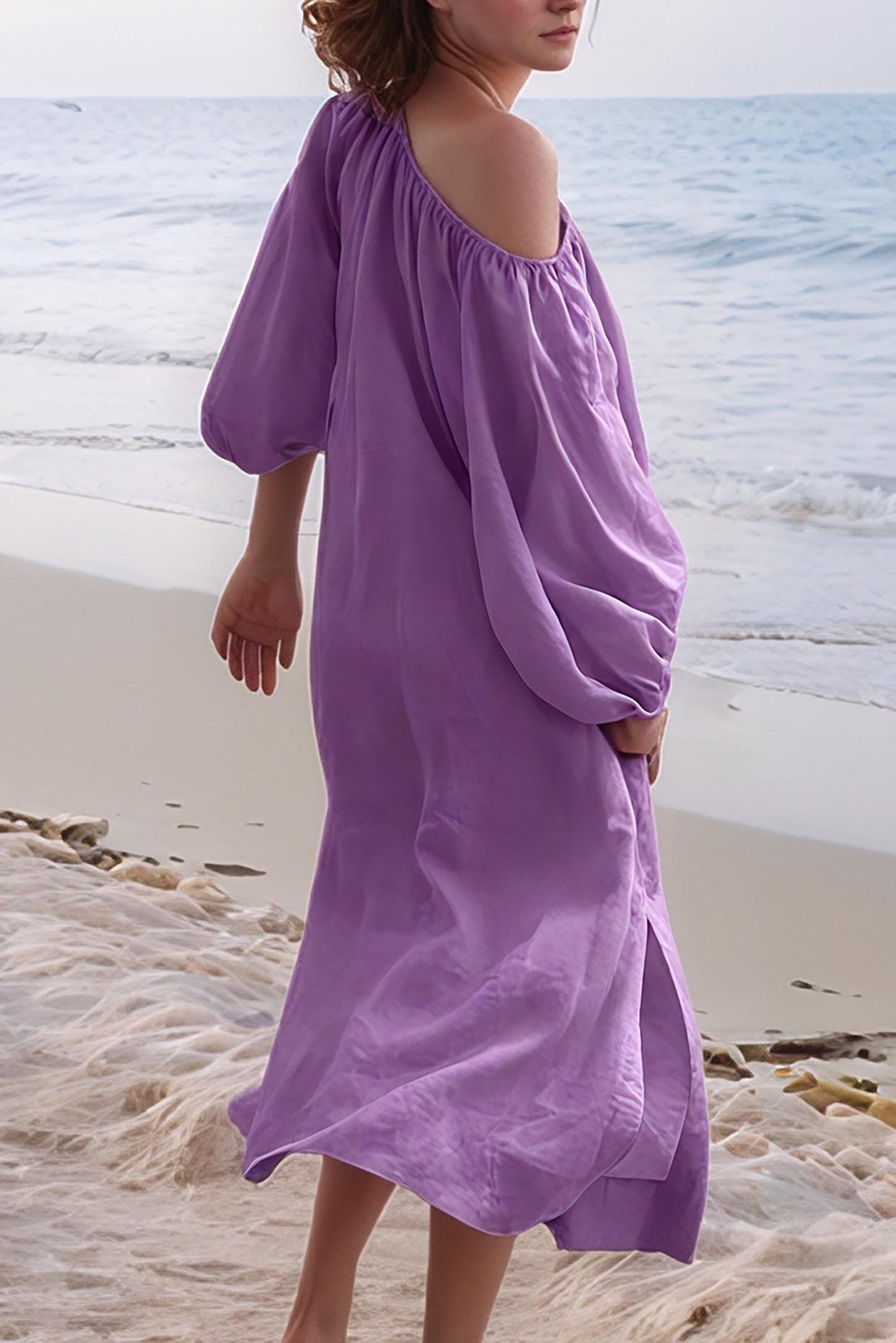 Lilac Off-Shoulder Linen Dress with Belt, Long Sleeve Boho Maxi Dress, Summer Beach Casual Dress, Women's Flowy Dress | SKU.25T15T3F