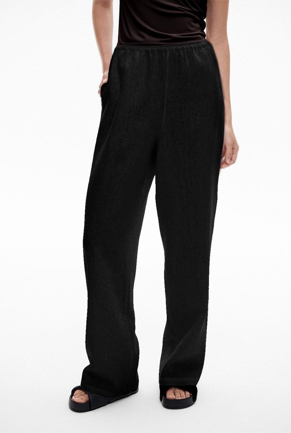 Black Wide-Leg Linen Pants – High-Waisted, Loose Fit, Casual Lounge Trousers for Women | SKU.25T11T6A