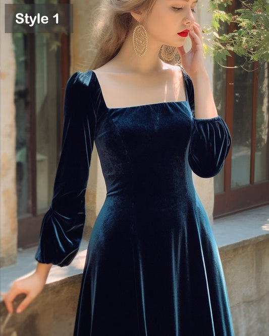 Chic Midi Velvet Dress with Puff Sleeves and Square Neckline - Closed Back - Bridesmaid or Evening Dress | Customizable | Personalizable