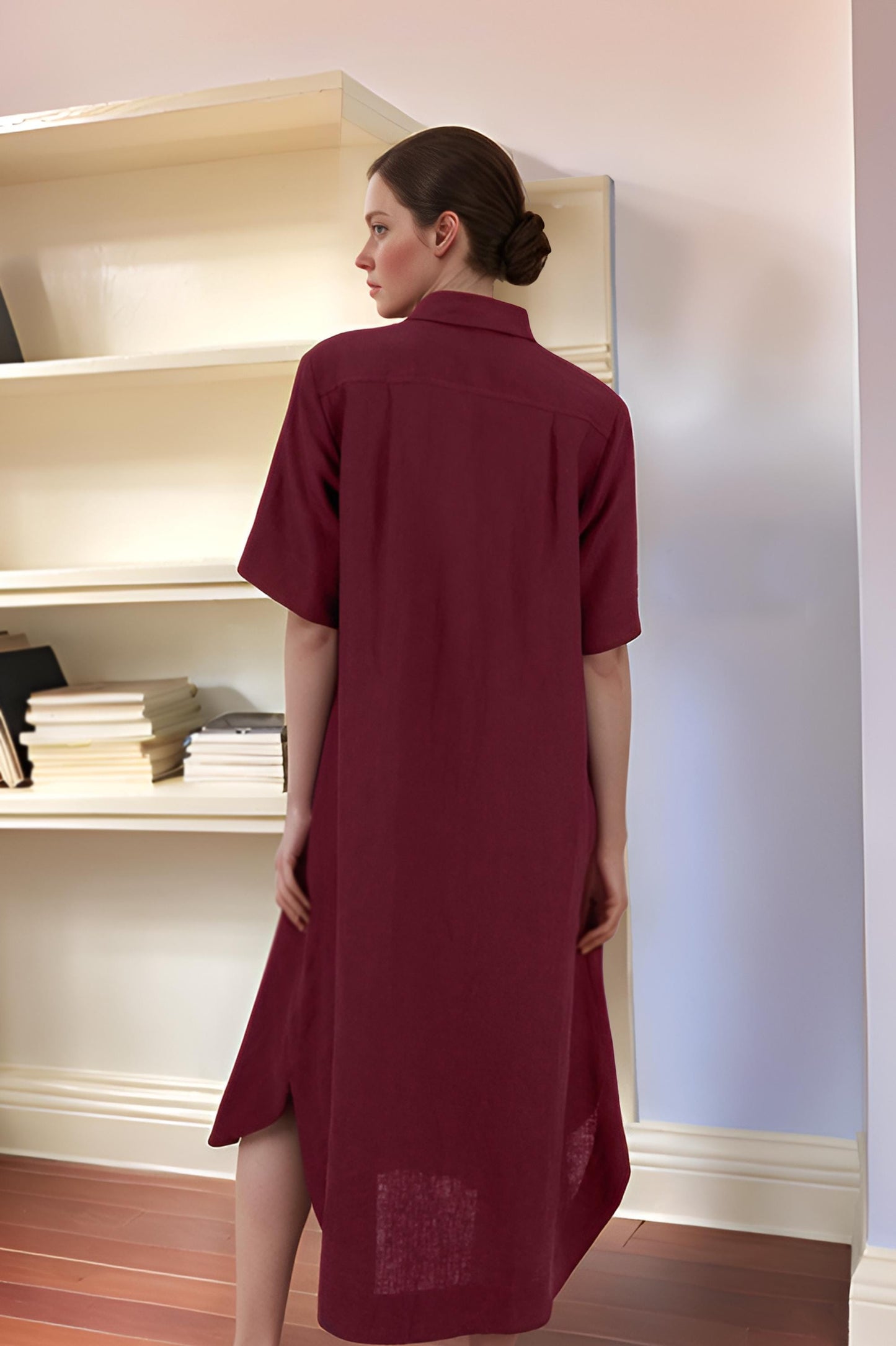 Loose Fit Linen Shirt Dress - Burgundy Midi Dress with Pockets | SKU.25T09T7F